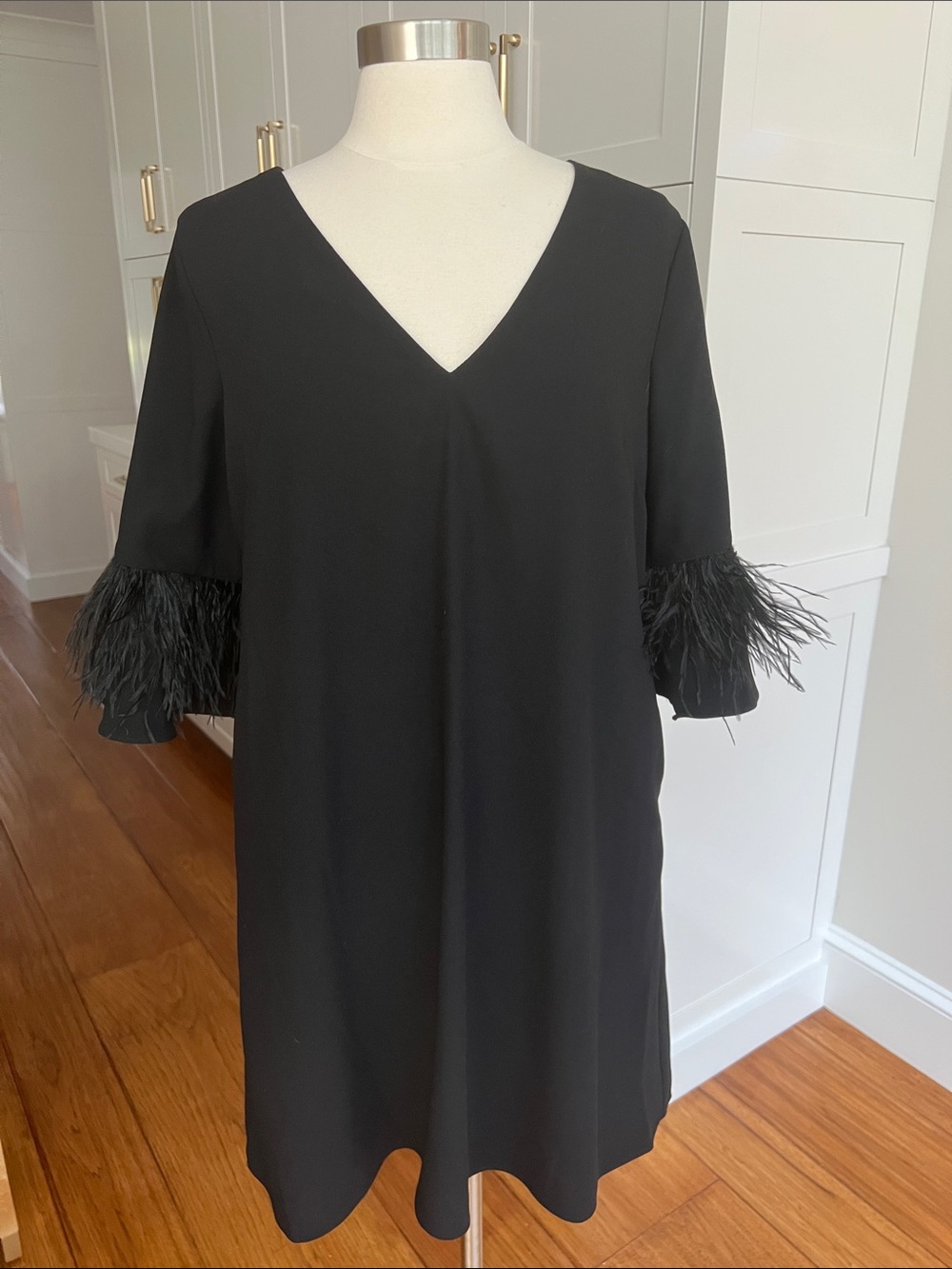 Aidan Matrix Black V-Neck Shift Dress with Feather Cuffs
